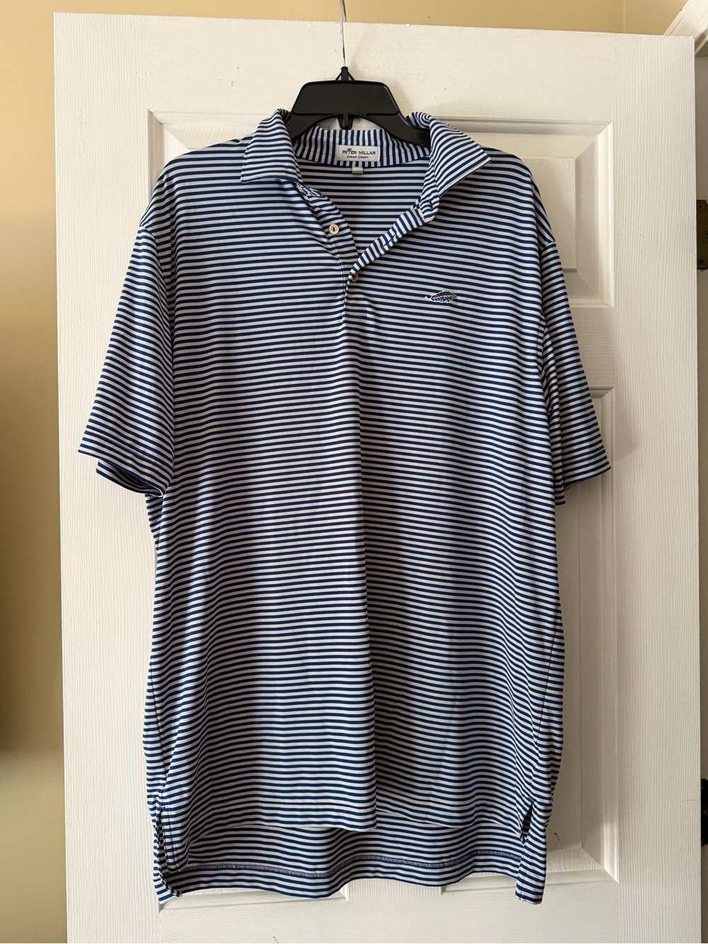 Peter Millar navy and white thin-striped short-sleeve polo golf shirt size large